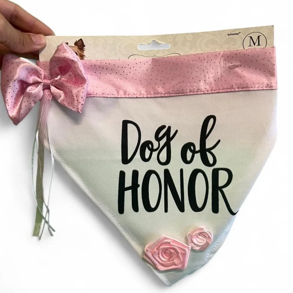 Dog of Honor Bandana Wedding Pink White Bow‎ Roses Sz Medium- 20-50lbs